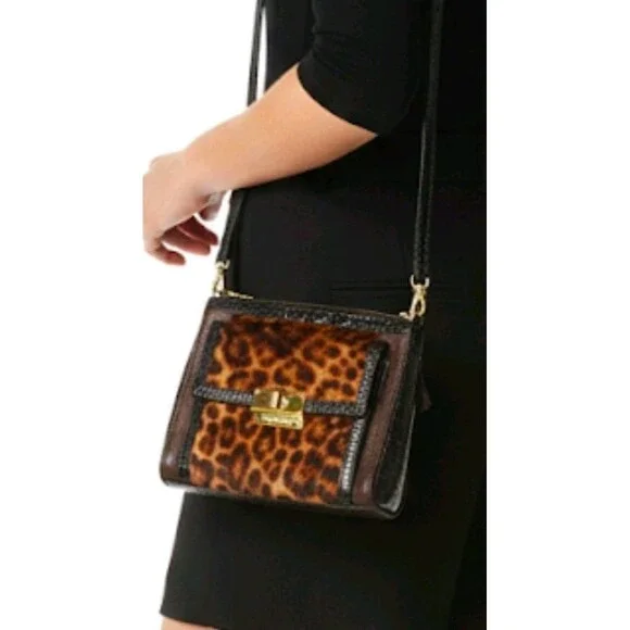 Brahmin Genuine Leather Calf Hair Leopard Print Crossbody Bag croc embossed - Picture 3 of 16